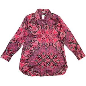 Chico's Pink Paisley Blouse | Size 2 | Vibrant No Iron Sateen Marie Tunic Shirt